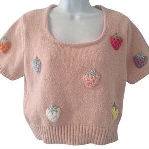 Luna Ivy pink crochet strawberry short sleeve boxy cropped sweater L
